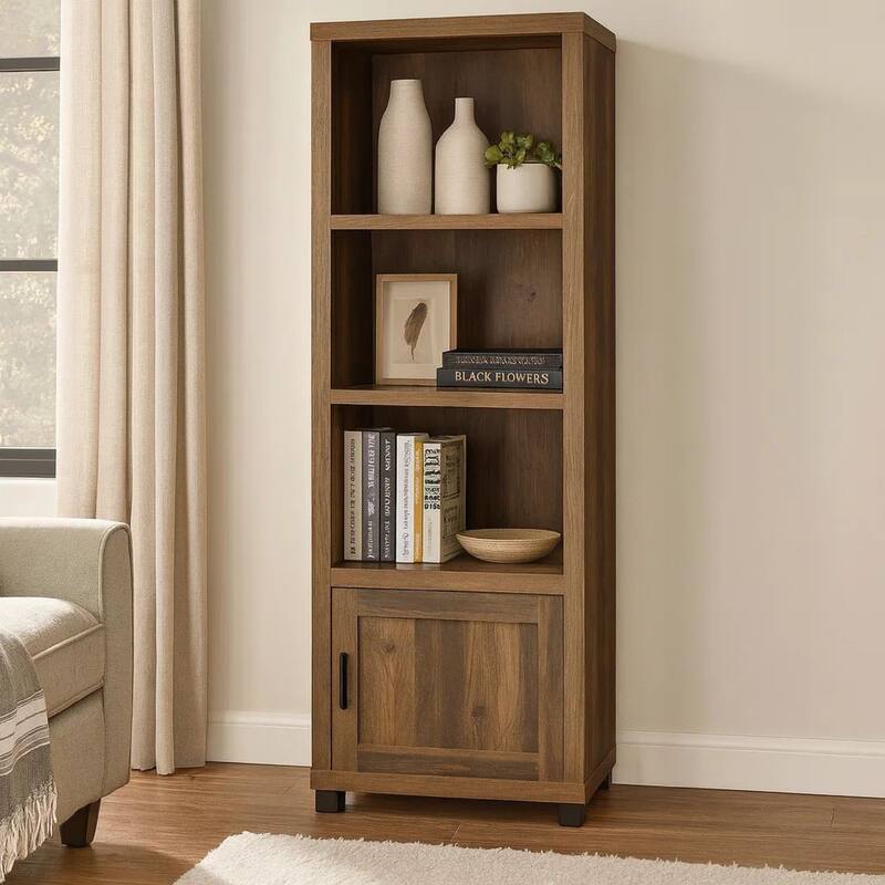 Sac 71 Inch Media Pier Tower with 3 Shelves and Cabinet, Dark Pine Wood