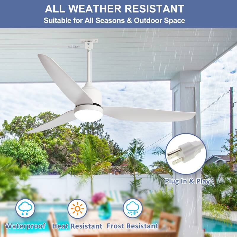 Outdoor Ceiling Fan with Light: 42-52 Inch Hanging - Plug in Waterproof Fans for Patio - Dimmable Remote App Control Black