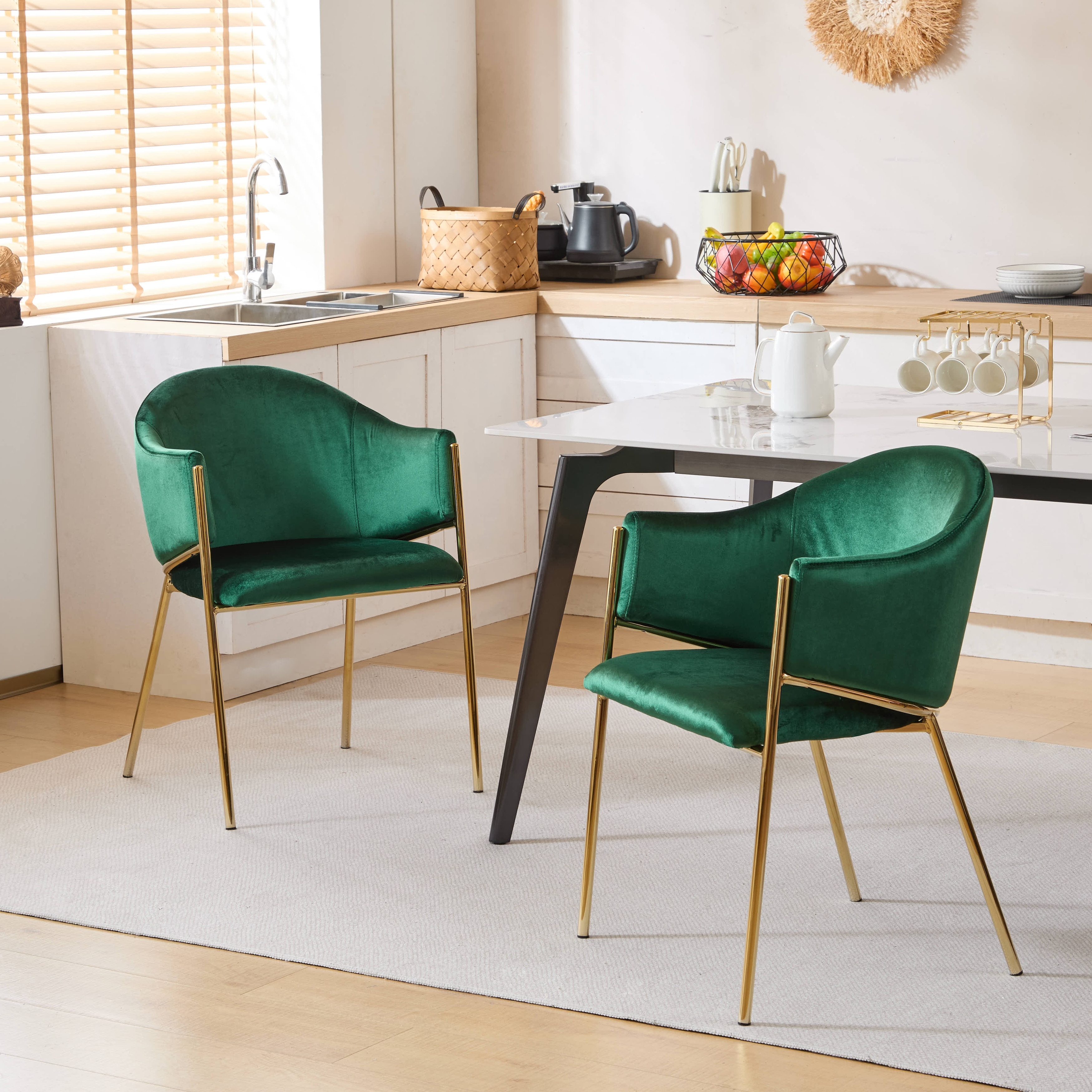 Velvet Upholstered Dining Chairs Set of 2, Modern Kitchen Side Chairs with Gold Metal Legs, Emerald Armchair for Home