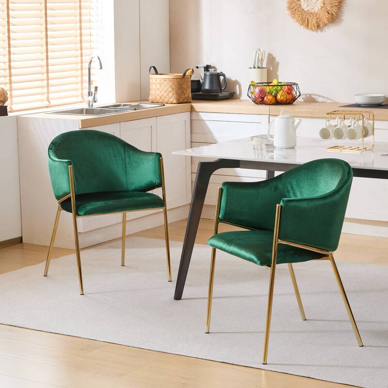 Velvet Upholstered Dining Chairs Set of 2, Modern Kitchen Side Chairs with Gold Metal Legs, Emerald Armchair for Home - Emerald Gold
