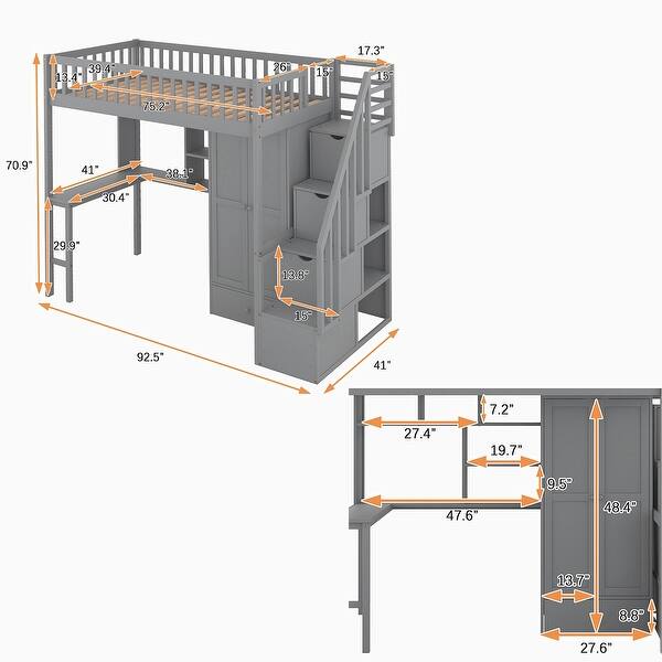 Twin Size Wood Loft Bed with Bookshelf, Drawers, Desk and Wardrobe