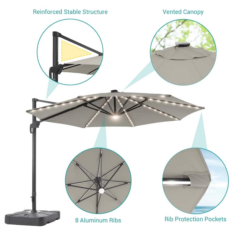 11FT Solar LED Patio Cantilever Umbrella With Resin Base by Bonosuki