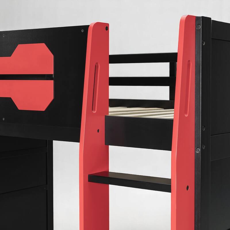 Full Size Gaming Loft Bed with Storage Shelves, Built-in Desk and RGB Light, Sturdy Wood Construction