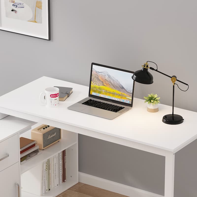 Timechee 55-inch L Shaped Office Computer Desk w/ Drawers Cabinet, White