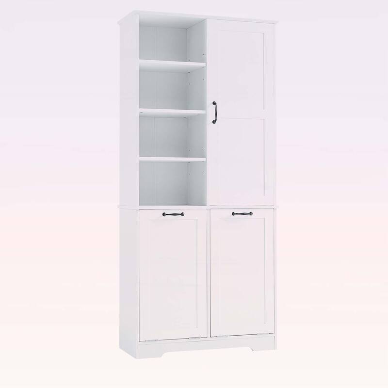 Bathroom Storage Cabinet with Doors, Drawers, Tilt-Out Laundry Hamper, and Adjustable Shelves, Oak Finish