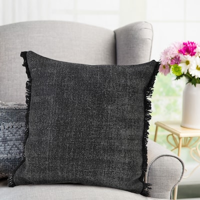 Sevita Muted Black Solid Stonewash Throw Pillow with Fringe