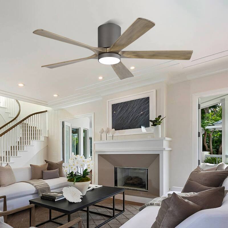 WINGBO 52" Solid Wood DC Motor Integrated LED Hugger Ceiling Fan with Remote - Charcoal Gray