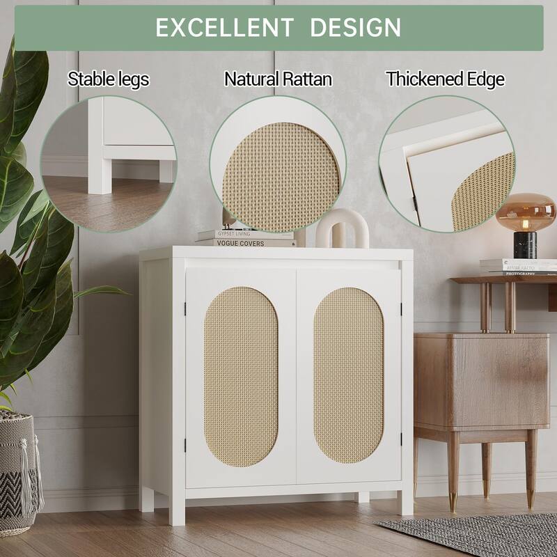 Rattan Storage Cabinet with PVC Woven Doors, Wooden Sideboard Buffet, with Adjustable Shelf, Multifunctional Cupboard