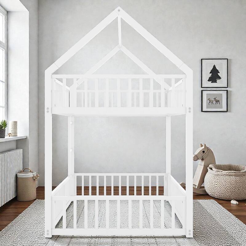Metal Twin over Twin House Bunk Bed with Fence Guardrails and Door, Kids Playhouse Bunk Bed Frame, No Box Spring Needed
