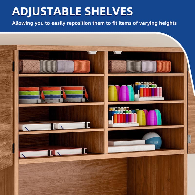 Moasis Expandable Crafting Table with Storage, Artwork Sewing Table with Cabinet and Magnetic Doors & Power Outlets