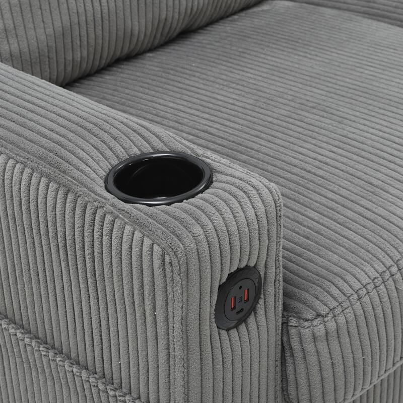 L-Shaped Sectional Sofa with Storage Ottoman, Upholstered 3-Seater Sofa with Side Pockets, USB Port & Cup Holders