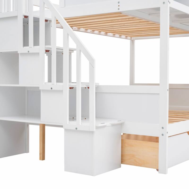 Twin over Full Bunk Bed with Shelfs, Storage Staircase and 2 Drawers