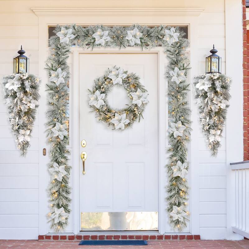 Glitzhome 3ft Pre-Lit Flocked White Poinsettia and Berries Christmas Teardrop