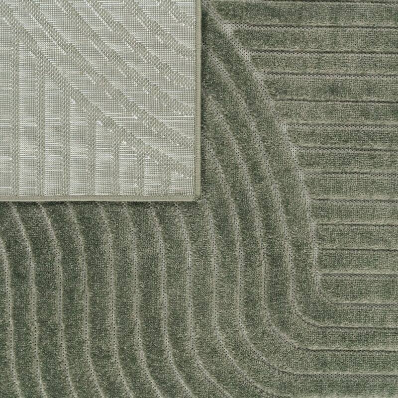 Minimalist In- & Outdoor Rug Boho with Curved Line Pattern in Silver Cream