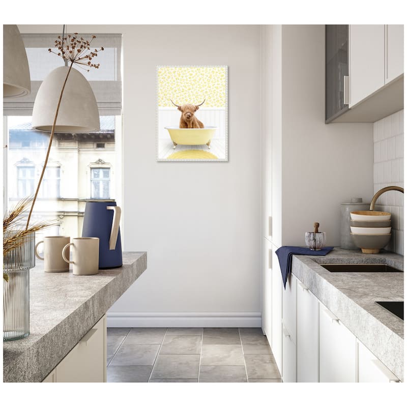 Kate and Laurel Sylvie Highland Cow in Cottage Yellow Bathtub Framed Canvas by Amy Peterson