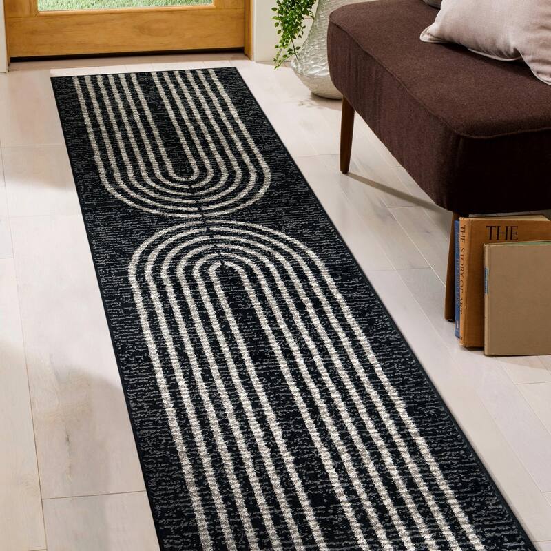Contemporary Arch Black Ivory Gray Stylish Area Rug for Any Room - 2' 3" x 8'