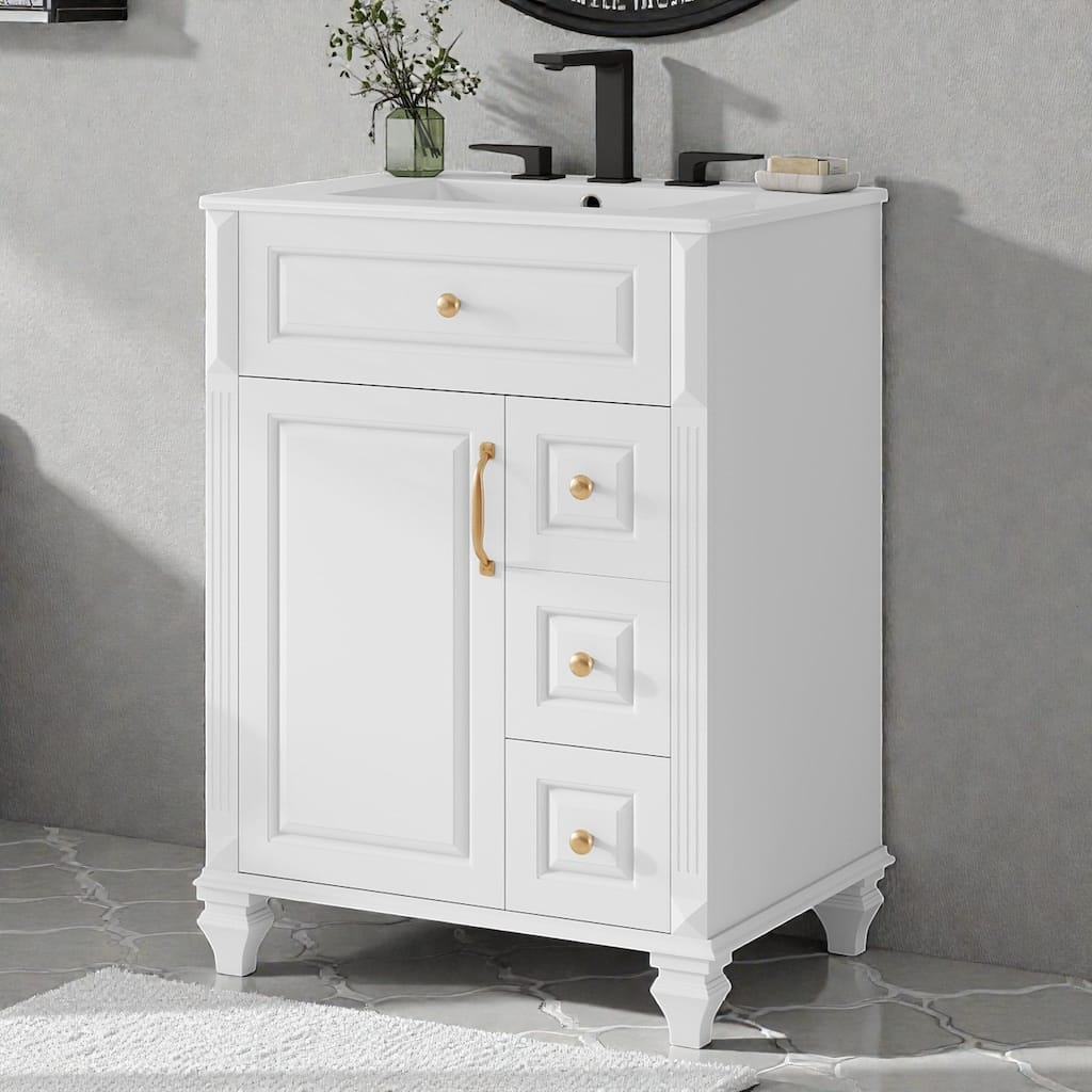 24 Inch Bathroom Vanity with Ceramic Sink, White Freestanding Vanity Cabinet with Flip-Out Drawer and Storage