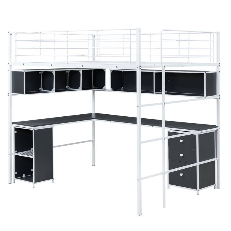 Metal Loft Bed With Bookcase,Desk And Cabinet,Full