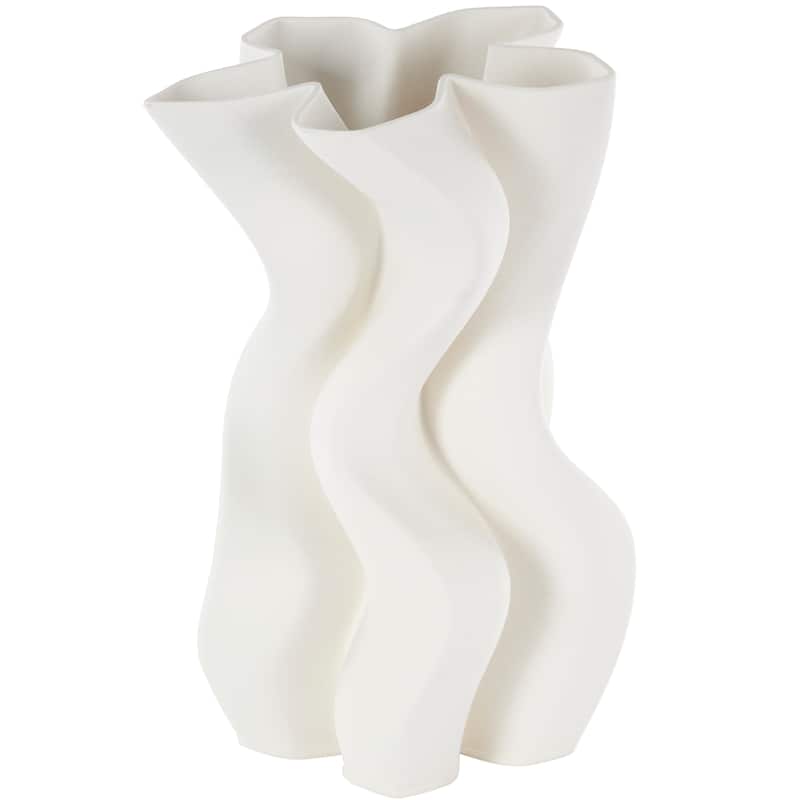 White Ceramic Ribbed Dimensional Wavy Abstract Vase with Floral Shaped Rim