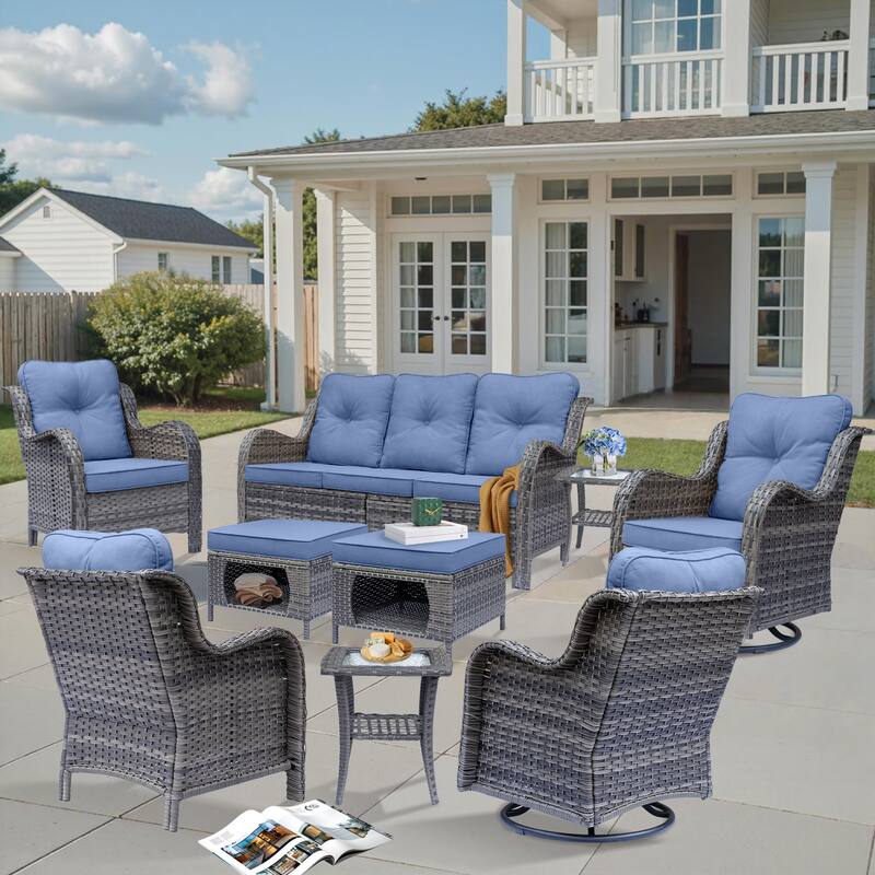 9 Piece Outdoor Wicker Patio Conversation Furniture Swivel Chairs Sets - Denim Blue-Gray Rattan