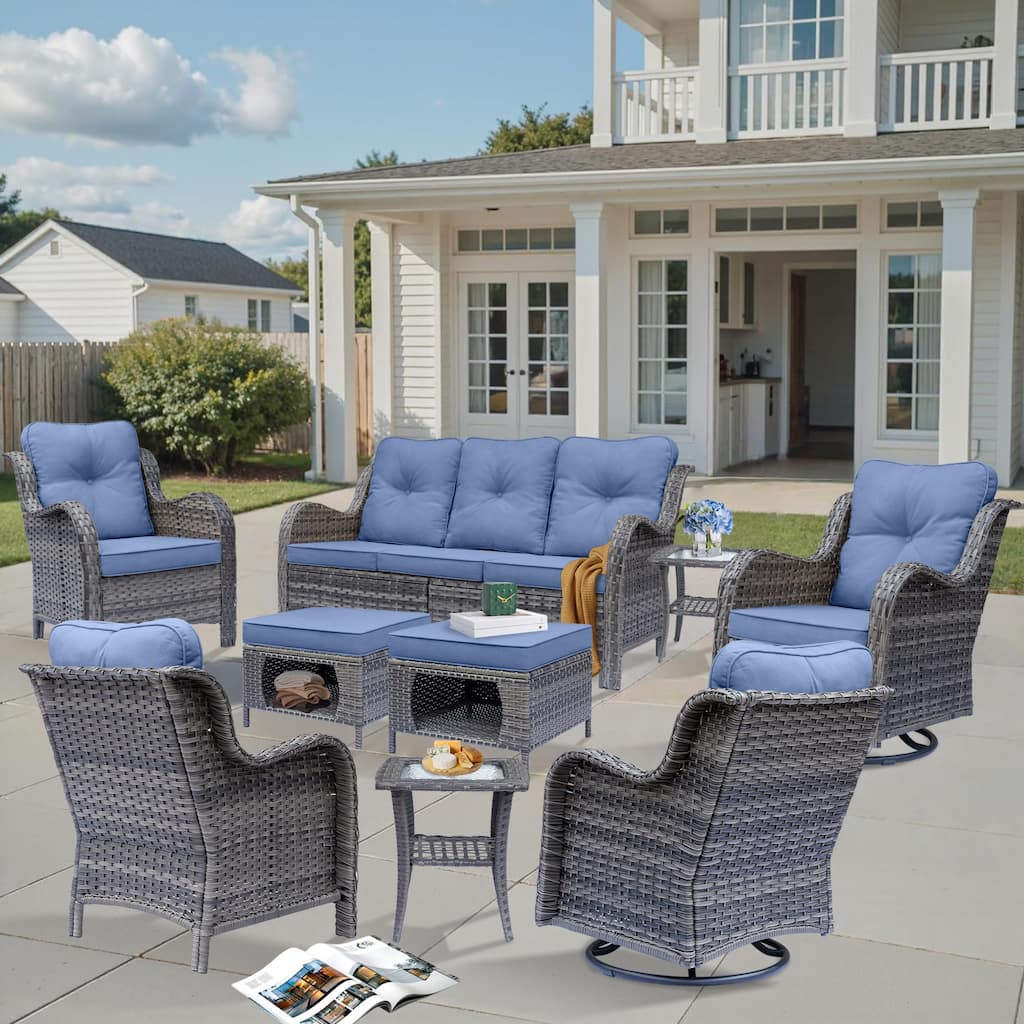 9 Piece Outdoor Wicker Patio Conversation Furniture Swivel Chairs Sets
