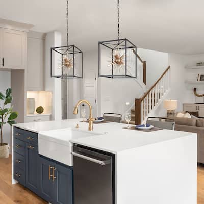 Tinky 6-Light Modern Farmhouse Lantern Chandelier Sputnik Black Gold Kitchen Island Pendant Lighting - W14"x L14"x H78.5"