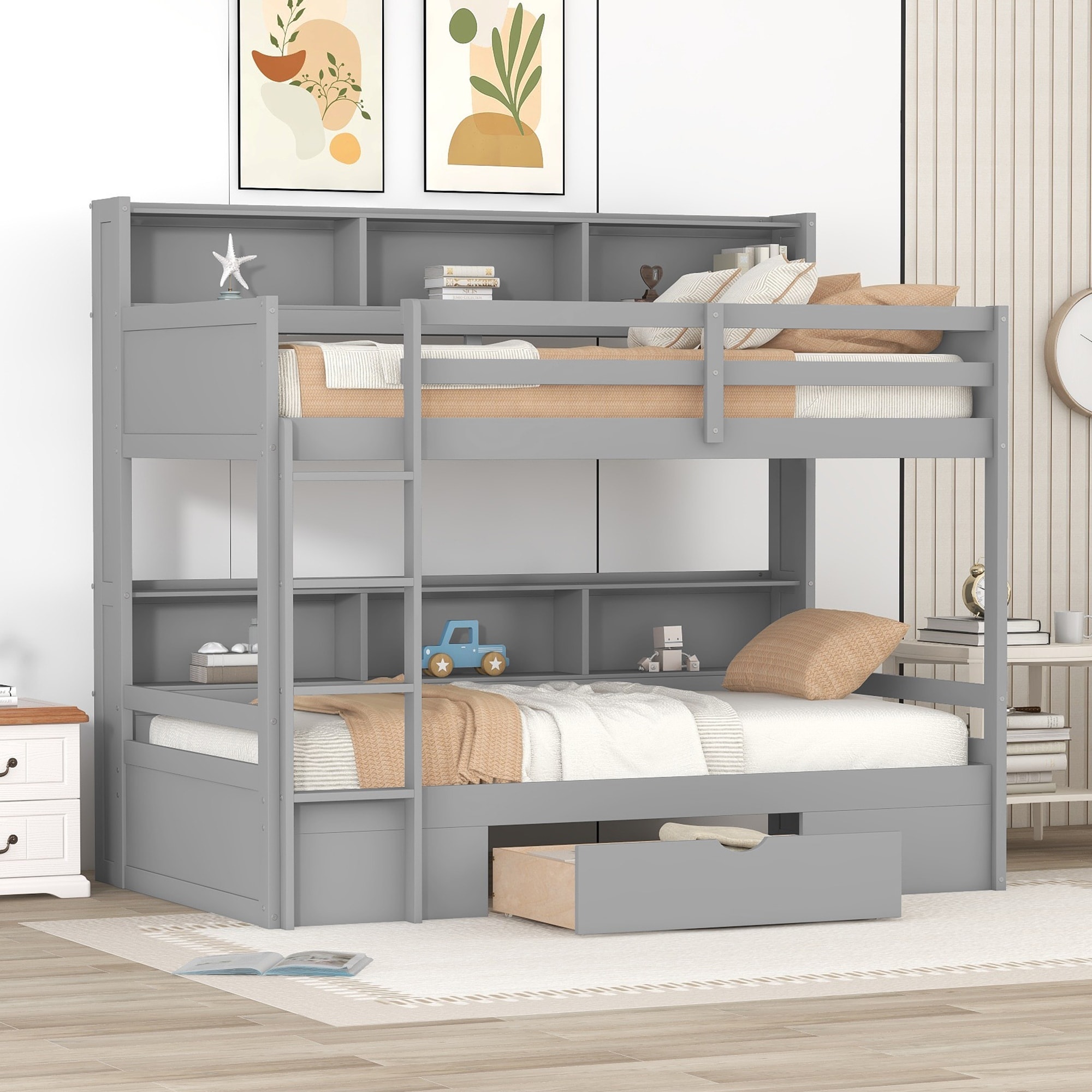 Space-Saving Wooden Twin Over Twin Bunk Bed With Storage Drawer And  Built-In Shelves For Kids And Teens - Overstock - 37639388