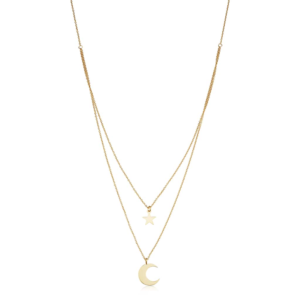 14k Yellow Gold Star and Moon Layered Adjustable Length Necklace (adjusts to 17 or 18 inches)