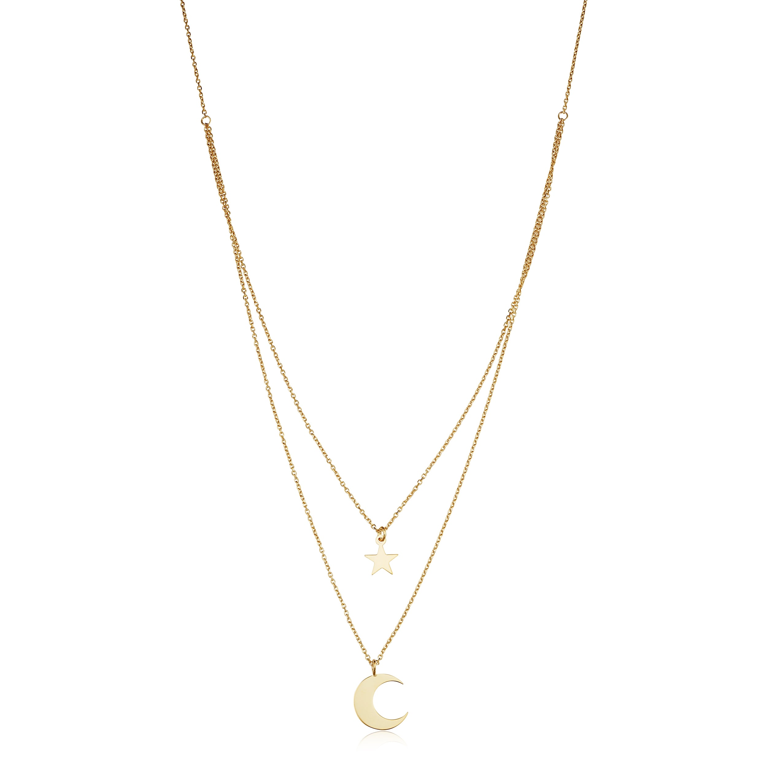 Au Naturale 14k Yellow Gold Star and Moon Layered Adjustable Length Necklace (adjusts to 17 or 18 inches)