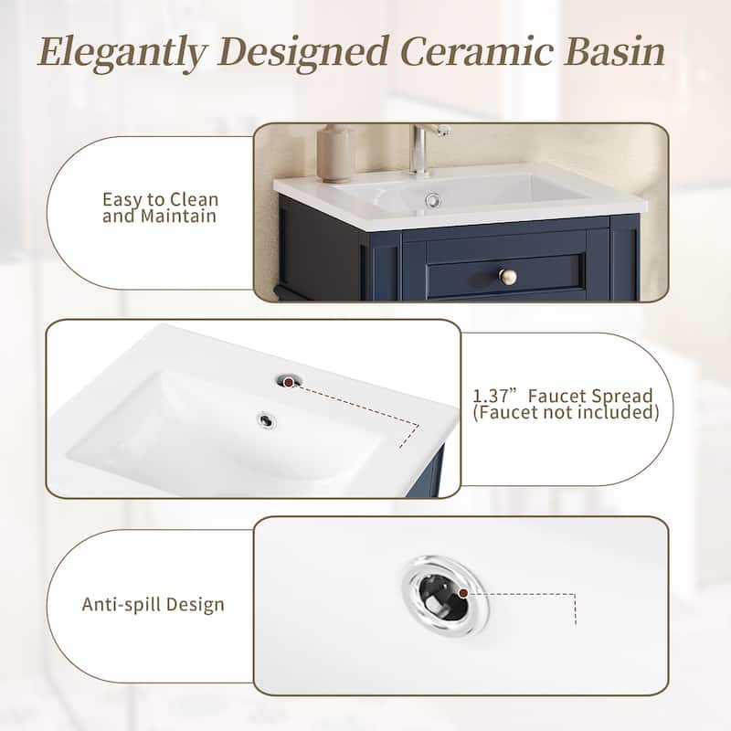 18" Freestanding Single Bathroom Vanity with Ceramic Sink, French Style Cabinet with Soft Close Door
