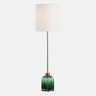 Fluted Emerald Glass Base Buffet Lamp with Drum Shade - 37 - Green