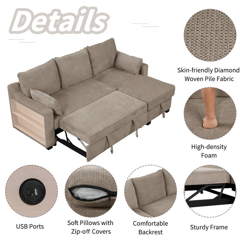 90"Pull Out Sleeper Sofa L-Shaped Couch Convertible Sofa Bed with Storage Chaise,Storage Racks and USB Ports