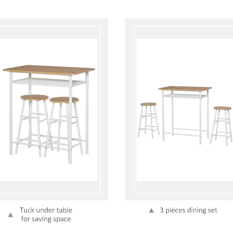 HOMCOM 3 Piece Bar Height Dining Furniture Set with 1 Table, 2 Matching Stools and Metal Frame Footrest