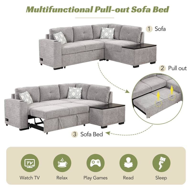 83.8'' L-Shaped 4-Seat Sectional Sofa with Pull-Out Bed, Storage Chaise, USB Ports, Power Sockets, and Cup Holders