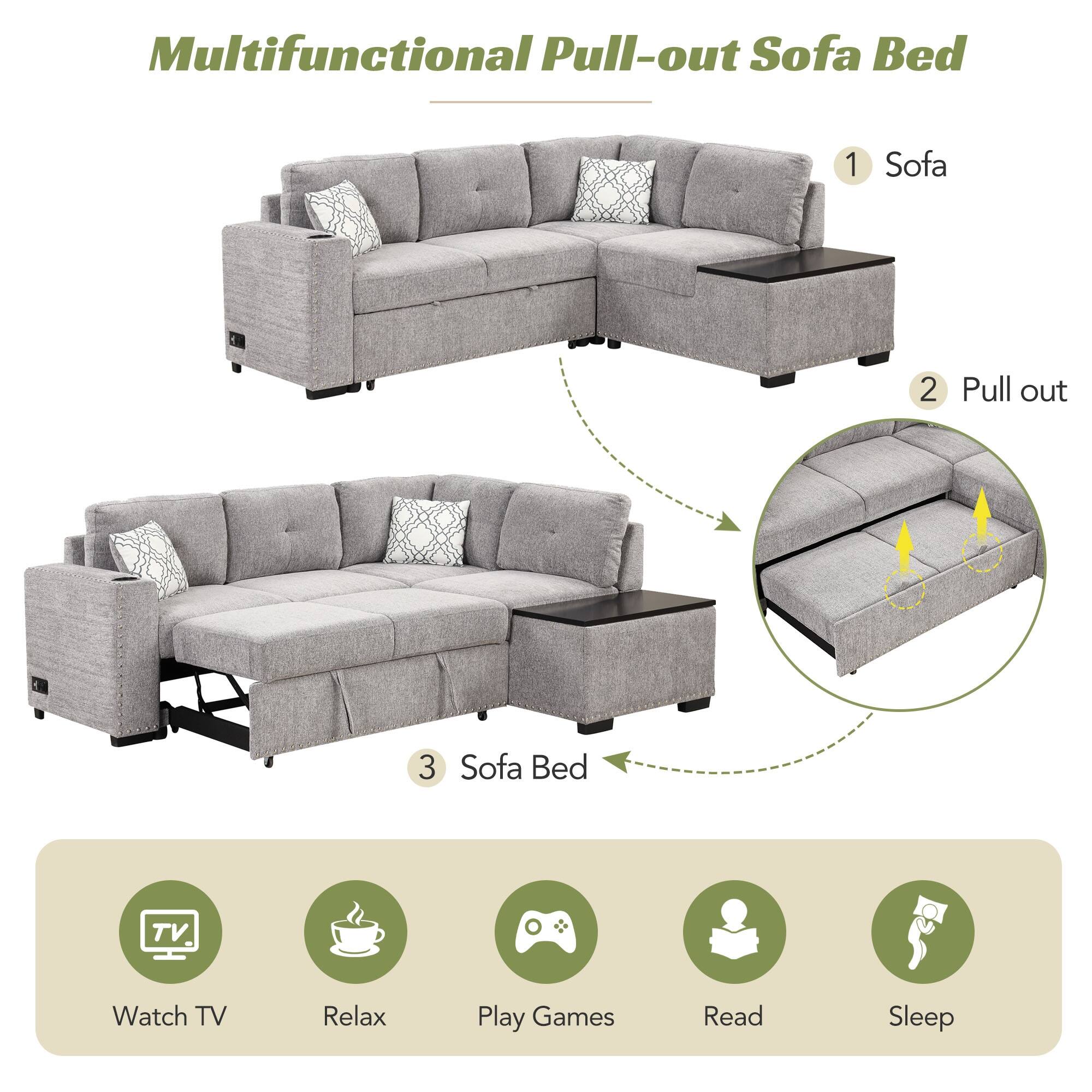 L-Shaped Corner Sectional Sofa, Pull-Out Sofa Bed with Storage Chaise ...