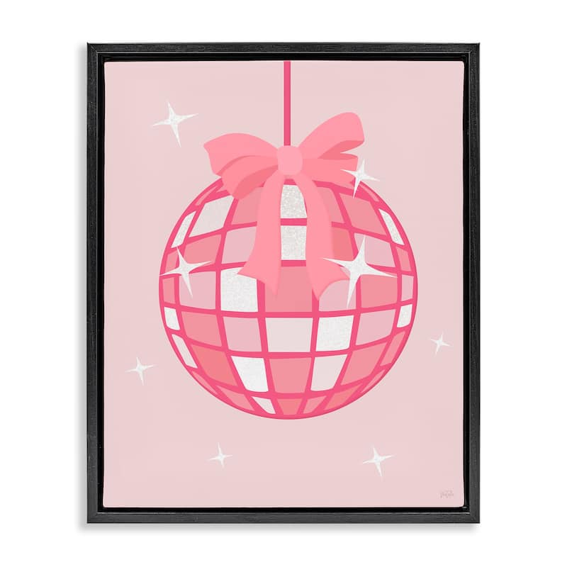 Stupell Pink Disco Ball with Ribbon Framed Floater Canvas Wall Art Design By Natalie Carpentieri - 17 x 21 - Black
