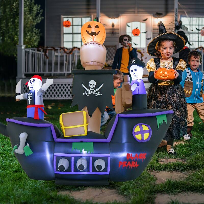 7FT Halloween Inflatable Pirate Ship Blowup Skeleton Pirate Decoration