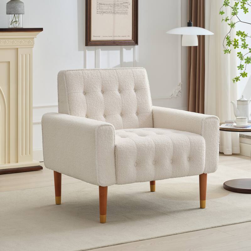 Beige 33.75" Classic Biscuit-Style Button Tufted Accent Chair with Elegant Solid Wood Legs