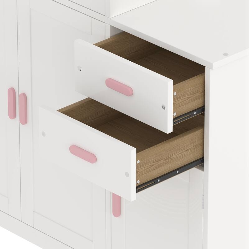 Twin Size Wood Platform Bed with Sample Bookshelf and Movable Wardrobe, Multifunctional Bed with Built-in Trundle Bed