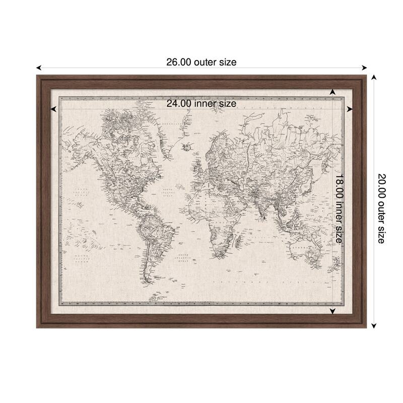 Kate and Laurel Framed Fabric Pinboard Vintage Black and White Linen World Map Wall Organization