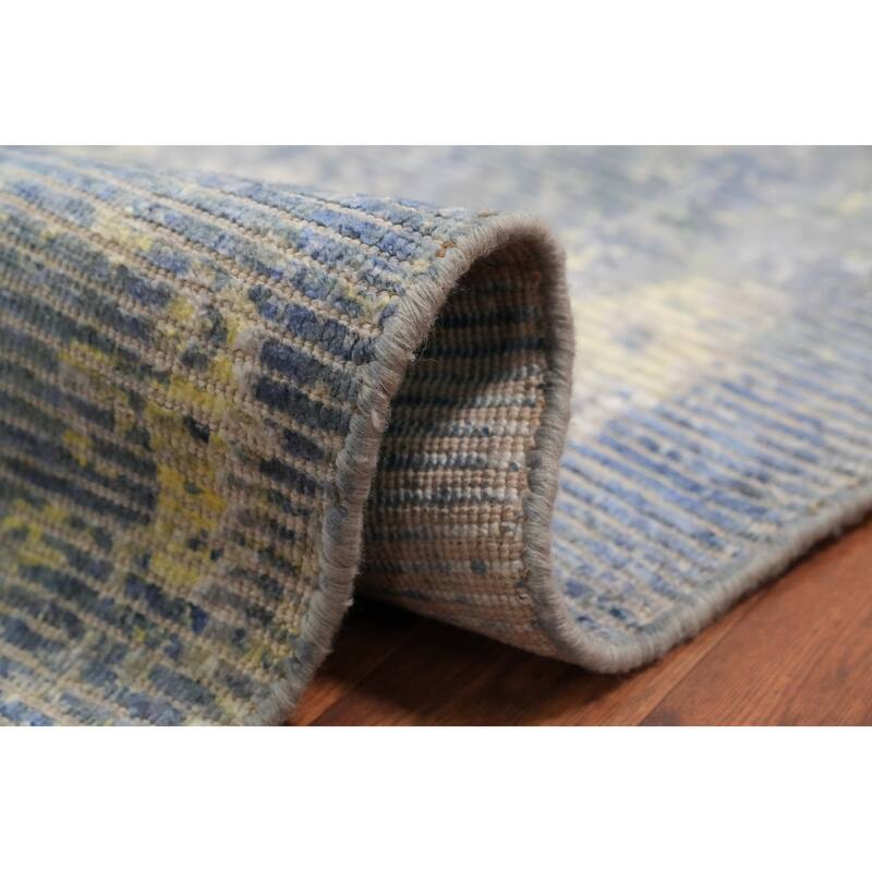 Hand Knotted Oriental Viscose Silk Carpet Modern All-Over Navy Blue & Blues Abstract Area Rug - 7' 8'' X 5' 6''