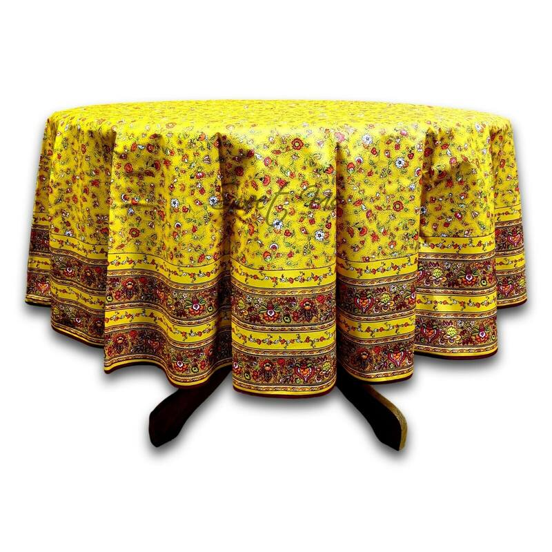 Wipeable Tablecloth Spill Resistant Cotton French Indienne Fleur - 71-in Round - Yellow
