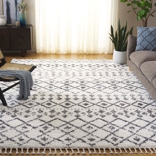 SAFAVIEH Berber Fringe Shag Leatha Trellis Rug - Cream/Dark Grey - 9' x 12'
