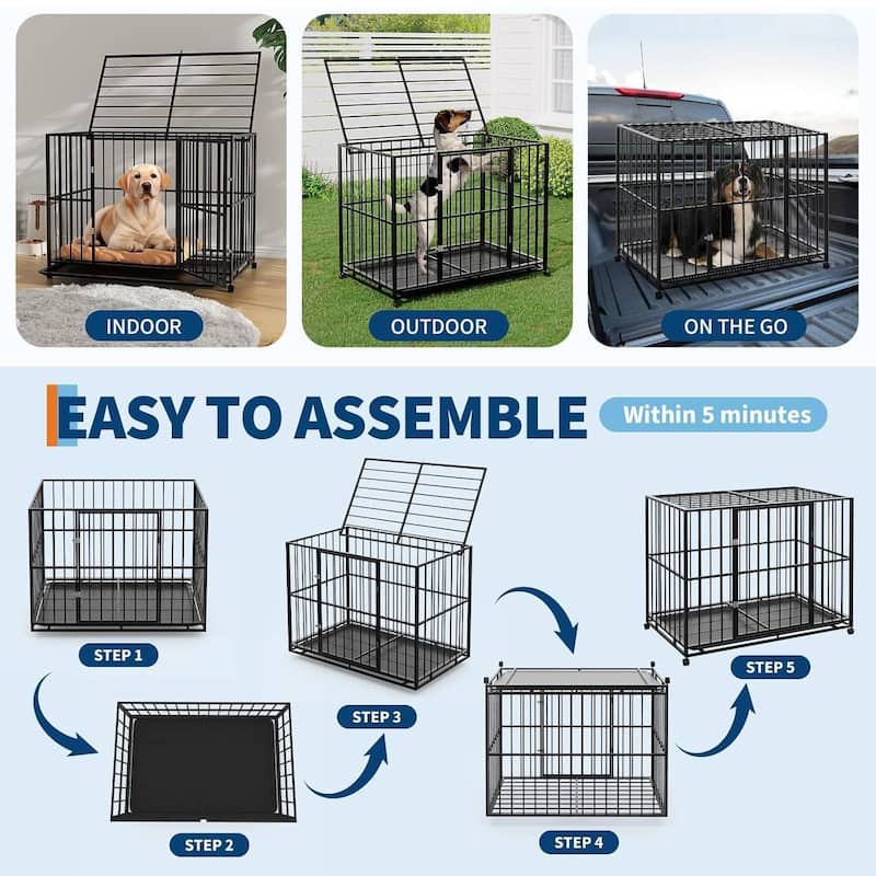 Heavy Duty Foldable Steel Dog Crate Chew-Resistant Kennel with Locking Wheels
