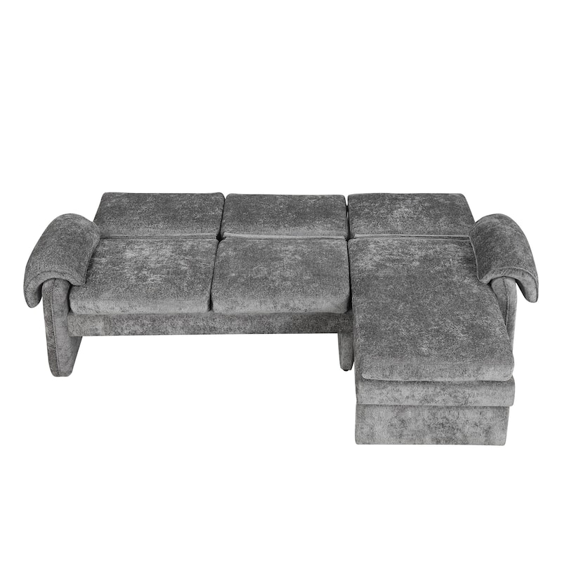 94.1" Convertible Futon Sofa Bed, Adjustable Backrest, Reversible Chaise, Detachable Pillows, Gray Chenille, Living Room