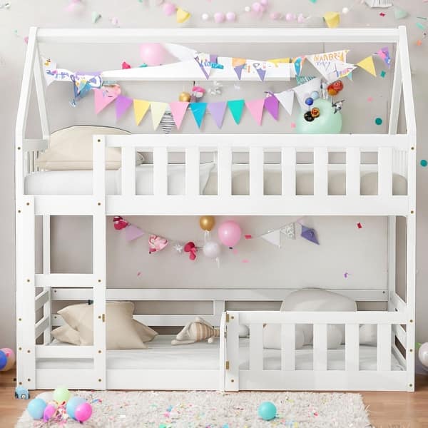 slide 2 of 20, Twin over Twin House-Shaped Design Bunk Bed with Fence and Door, Fence-shaped Guardrail, Playful Space, Easy Assembly, White White