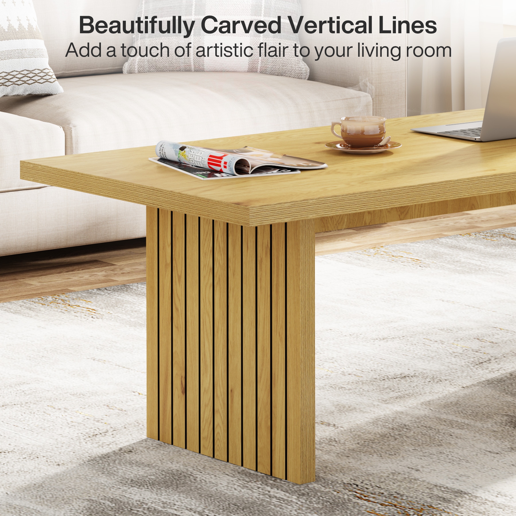 47.24 Long Coffee Table Wooden Center Table with Sturdy Support Base for Living Room Yellow