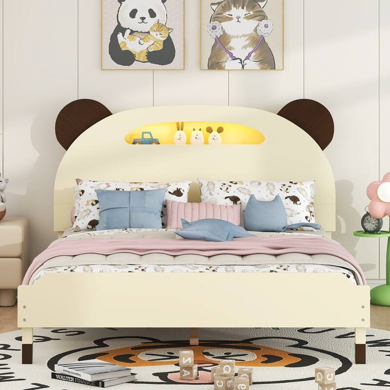 Full Size Wood Platform Bed with Bear-shaped Headboard,Bed with Motion Activated Night Lights - Cream+Walnut