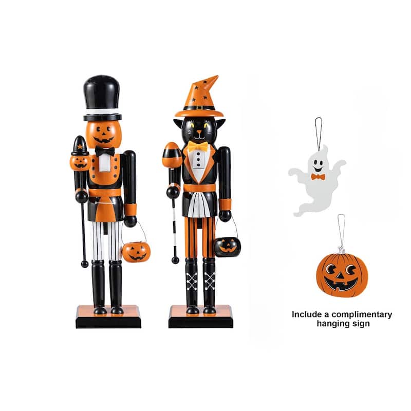 Glitzhome Set of 3 18.5"H Halloween Black Cat/Witch/Pumpkin Wood Nutcracker