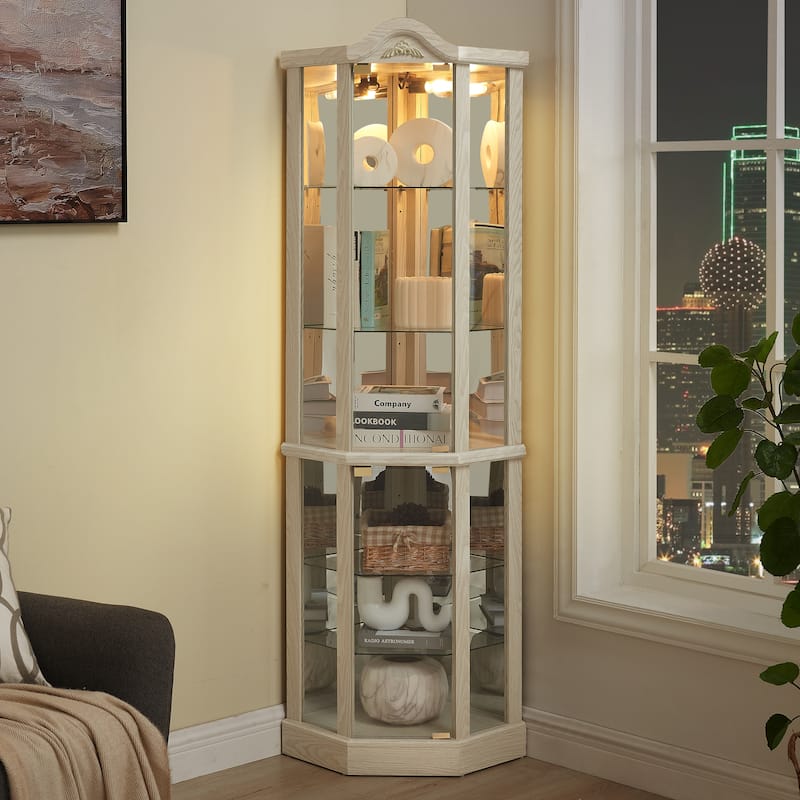 Glass Cabinet Lighted Corner Cabinet Corner Display Curio Cabinet, Glass Display With Light Bar Cabinet, Wine Cabinet